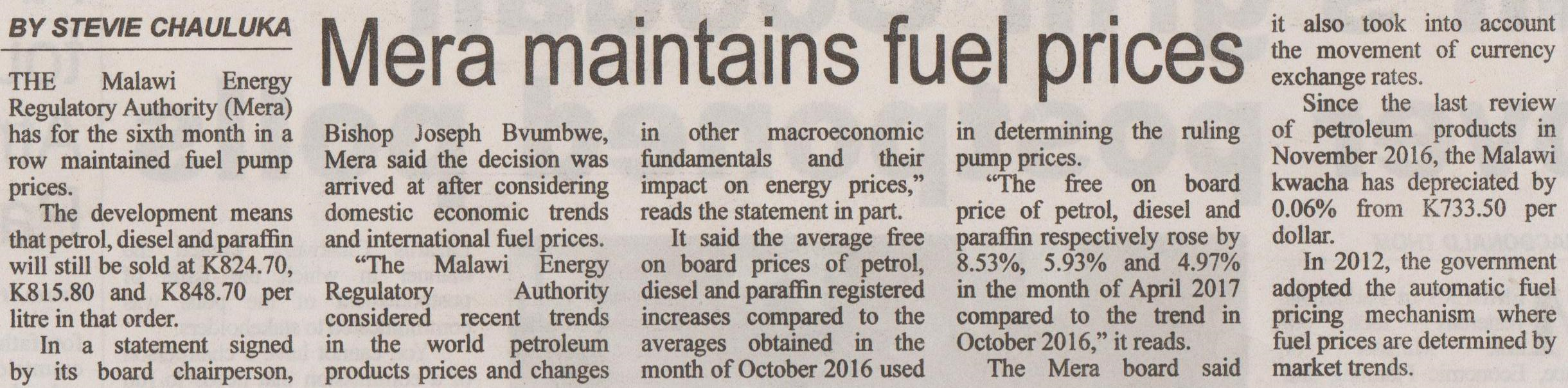MERA Maintains Fuel Prices_Daily Times_May 10, 2017.png