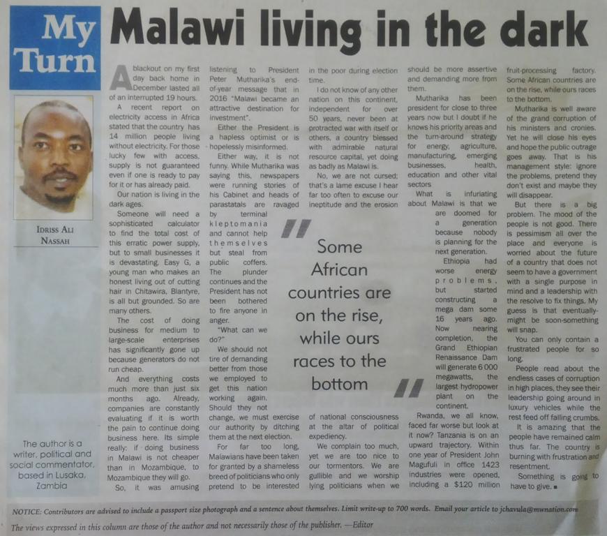 2017_01_13_Friday_Malawi living in the dark_The Nation.JPG