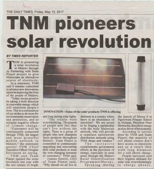 TNM Pioneers Solar Revolution_ Daily Times_ May 12, 2017.png
