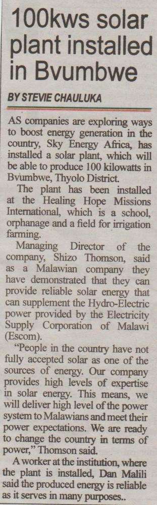 100kws solar plant installed in Bvumbwe_2017-08-10_Business Times.JPG