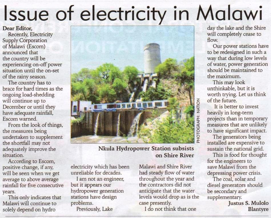 Issue of electricity in Malawi_2017-09-01_The Nation.JPG