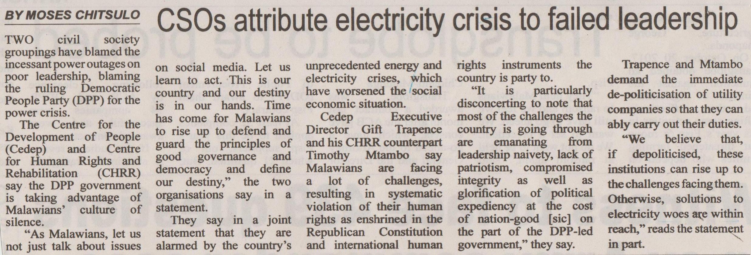 CSOs attribute electricity crisis to failed leadership_November 7, 2017_The Daily Times.JPG